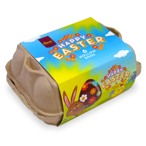 Hames - Happy Easter Egg Carton With 6 x 25g Milk Chocolate Hen Size Eggs Wrapped in Gold Foil With Sleeve x Outer of 6
