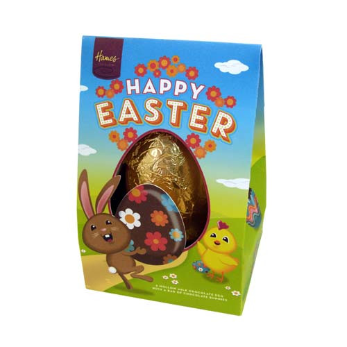 Hames - Happy Easter Milk Chocolate Egg with Bunnies 125g -Wrapped in Gold Foil and Presented in a Cute Brown Rabbit Tetra Box