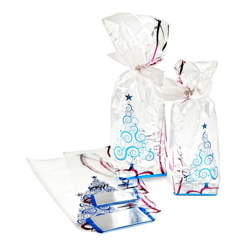 Metallic Xmas Tree Design Hard Bottom Film Bag with a Silver Base Card 100mm x 220mm