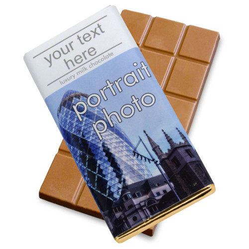 Heritage Souvenir Gift - Milk Chocolate 80g Bar Wrapped in Silver Foil Finished in a White Wrapper with a Photograph & Text of your Choice (Portrait)