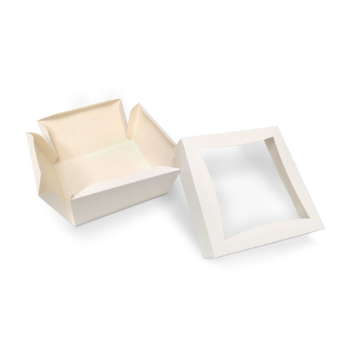 Large White Patisserie Cake Box - Single Wall Base & Fold-Up Window Lid 185mm x 185mm x 100mm Self-assemble