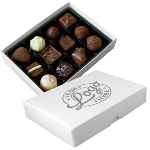 Promotional - 12 Chocolate Assortment Presented in a White Box Finished With a Single Matt Silver Colour Foil Print on Lid