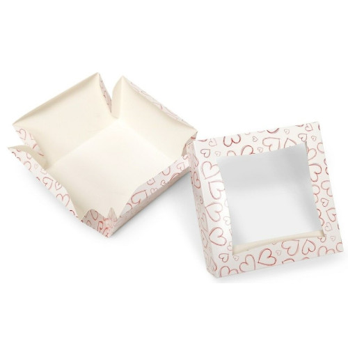 Medium Patisserie Cake Box with Heart Design - Single Wall Base & Fold-Up Window Lid 145mm x 145mm x 80mm Self-assemble