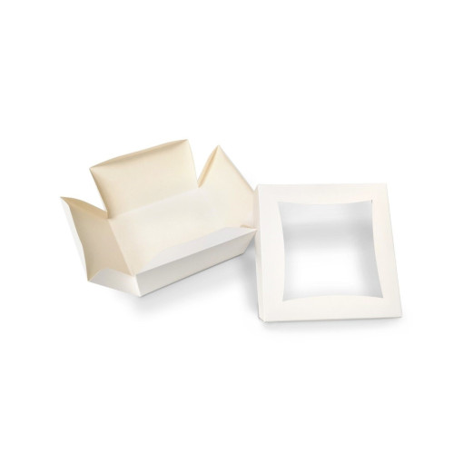 Medium Plain White Patisserie Cake Box - Single Wall Base & Fold-Up Window Lid 145mm x 145mm x 80mm Self-assemble