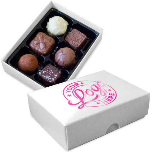 Promotional box of 6 chocolates with your logo foil printed in foil on the chocolate box lid. Choose from more than 12 different box colours and over 12 different foil colours.