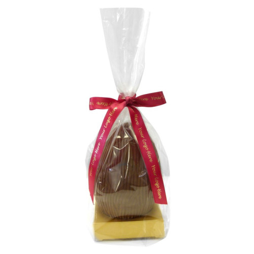 200g Milk Chocolate Egg with Matt Gold Plinth, Clear Bag with a Personalised Beauty Satin Hand Tied Ribbon