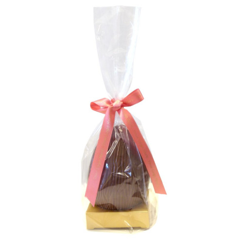 200g Milk Chocolate Egg with Matt Gold Plinth, Clear Bag with a Personalised Light Coral Satin Hand Tied Ribbon