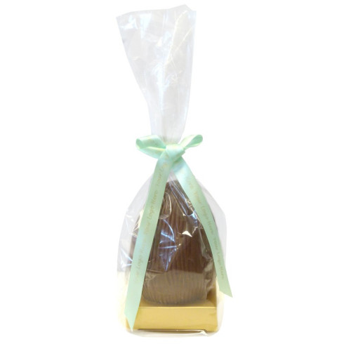 200g Milk Chocolate Egg with Matt Gold Plinth, Clear Bag with a Personalised Pastel Green Satin Hand Tied Ribbon