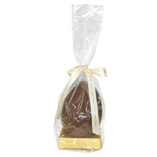 200g Milk Chocolate Egg with Matt Gold Plinth, Clear Bag with a Personalised Cream Satin Hand Tied Ribbon