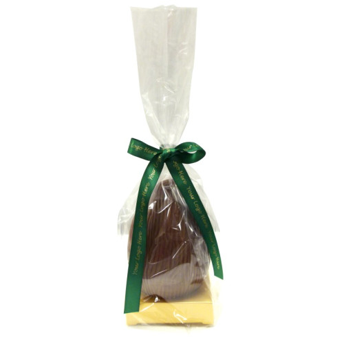 200g Milk Chocolate Egg with Matt Gold Plinth, Clear Bag with a Personalised Forest Green Satin Hand Tied Ribbon