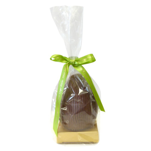 200g Milk Chocolate Egg with Matt Gold Plinth, Clear Bag with a Personalised Lime Green Satin Hand Tied Ribbon
