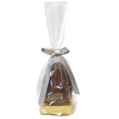 200g Milk Chocolate Egg with Matt Gold Plinth, Clear Bag with a Personalised Silver Satin Hand Tied Ribbon