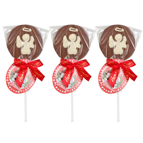 Christmas Snow Globe - Milk Chocolate Lolli with a Hand Piped White Chocolate Angel Finished with a Red Twist Tie Bow & Swing Tag