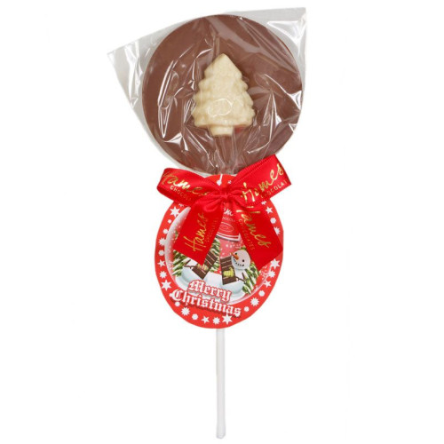 Christmas Snow Globe - Milk Chocolate Lolli with a White Chocolate Xmas Tree Finished with a Red Twist Tie Bow & Swing Tag