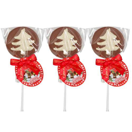 Christmas Snow Globe - Milk Chocolate Lolli with a Hand Piped White Chocolate Xmas Tree Finished with a Red Twist Tie Bow & Swing Tag