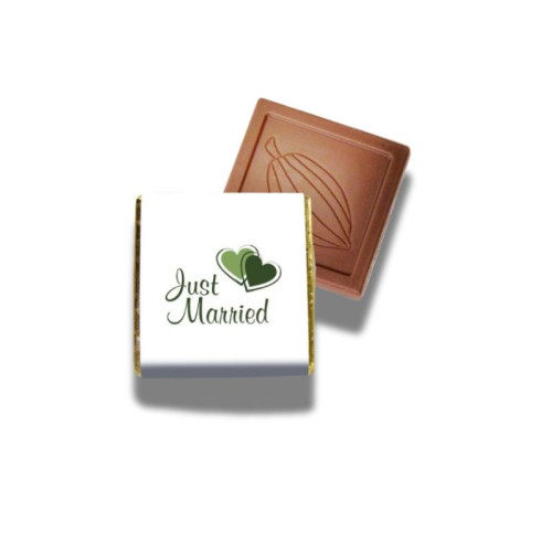 Milk Chocolate Neapolitan - Foiled in Silver Finished With A White Wrapper with a Green Printed "Just Married & 2 Green Hearts" 400 Per Box