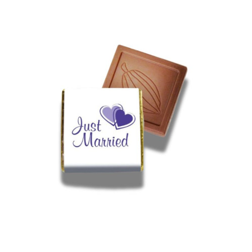 Milk Chocolate Neapolitan - Foiled in Silver Finished With A White Wrapper with a Purple Printed "Just Married & 2 Purple Hearts" 400 Per Box
