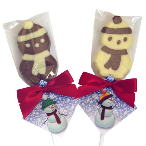 A Very Woolly Christmas - 12 Milk & 12 White Chocolate Snowmen Decorated Lollipops Finished with Xmas Knit Swing Tag & Red Twist Tie Bow