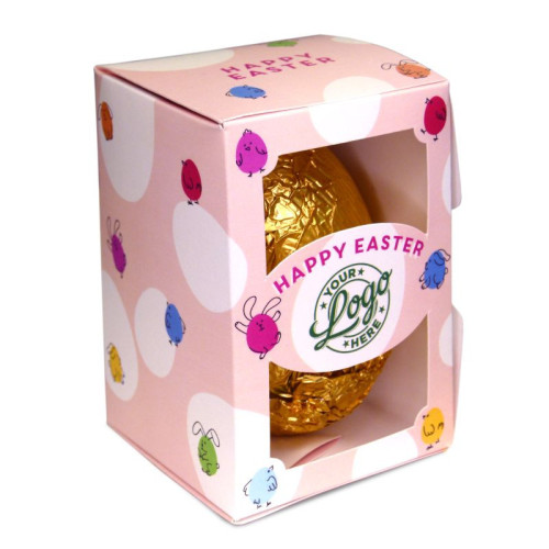 Personalised Egg Box with a 300g Milk Chocolate Egg Wrapped in Gold Foil Finished with a Peach Themed Happy Easter Bunnies & Chick Design