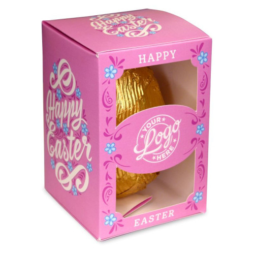 Personalised Egg Box with a 300g Milk Chocolate Egg Wrapped in Gold Foil Finished with a Beautiful Pink Themed Happy Easter Flower Design