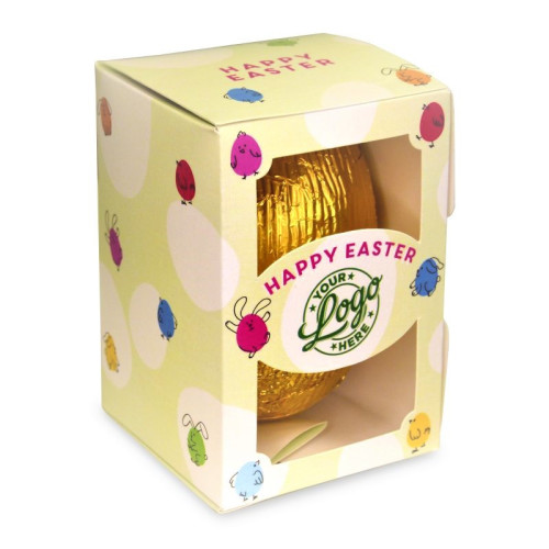 Personalised Egg Box with a 300g Milk Chocolate Egg Wrapped in Gold Foil Finished with a Green Themed Happy Easter Bunnies & Chick Design