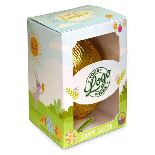 Personalised Egg Box with a 300g Milk Chocolate Egg Wrapped in Gold Foil Finished with a Happy Easter Bunnies & Sunshine Design