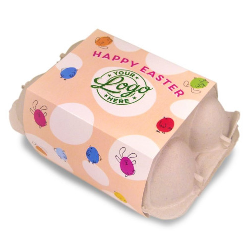Personalised Egg Carton 6 Milk Chocolate Hen Eggs Wrapped in Gold Foil Finished with a Peach Themed Happy Easter Bunnies & Chick Design Sleeve