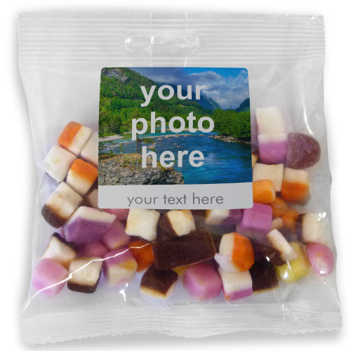 Heritage & Souvenir Gifts - Euro Slot Hang Bag Finished with a White Label with a Photograph & Text of your Choice - Dolly Mix 100g