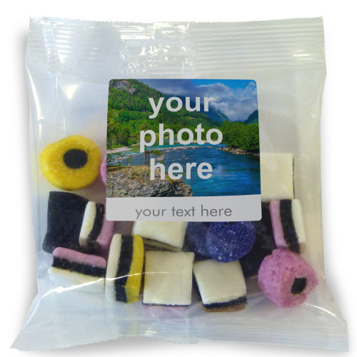 Heritage & Souvenir Gifts - Euro Slot Hang Bag Finished with a White Label with a Photograph & Text of your Choice - Liquorice Allsorts 100g