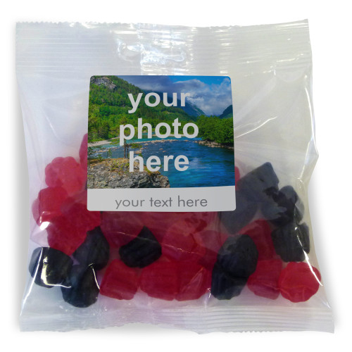 Heritage & Souvenir Gifts - Euro Slot Hang Bag Finished with a White Label with a Photograph & Text of your Choice - Raspberries & Blackberries 100g