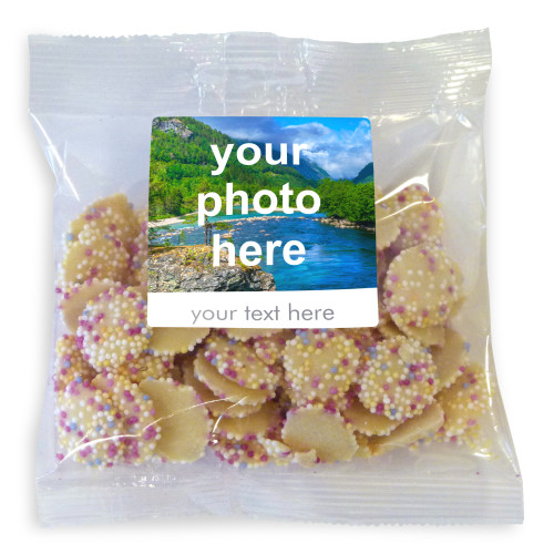 Heritage & Souvenir Gifts - Euro Slot Hang Bag Finished with a White Label with a Photograph & Text of your Choice - White Snowies 100g