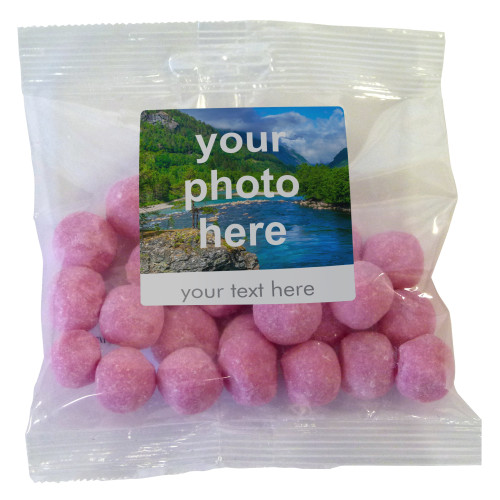 Heritage & Souvenir Gifts - Euro Slot Hang Bag Finished with a White Label with a Photograph & Text of your Choice - Strawberry BonBons 100g