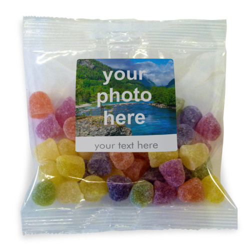 Heritage & Souvenir Gifts - Euro Slot Hang Bag Finished with a White Label with a Photograph & Text of your Choice - USA Hard Gums 100g