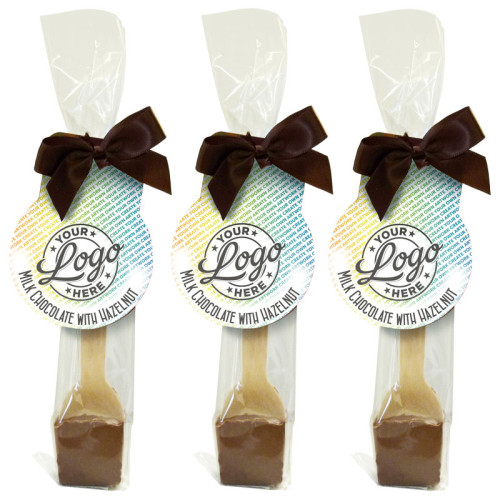 Promotional - Milk Chocolate With Hazelnut Flavouring Hot Chocolate Stirrer 35g With Brown Twist Tie Bow & Swing Tag