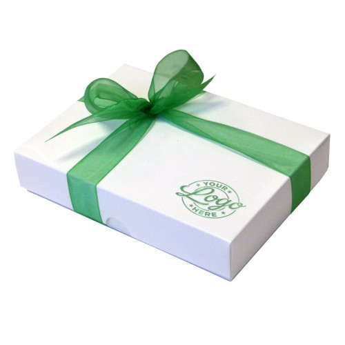 Promotional - 12 Chocolate Assortment Presented in a White Box With Any Full Colour Digital Printed Logo on the Lid Finished with a Beautiful Emerald Green Hand Tied Bow