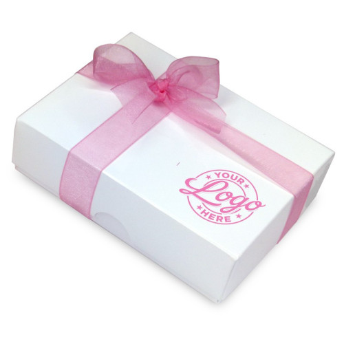 Promotional - 6 Chocolate Assortment Presented in a White Box with Any Full Colour Digital Printed Logo on the Lid Finished with a Beautiful Dusty Rose Hand Tied Bow