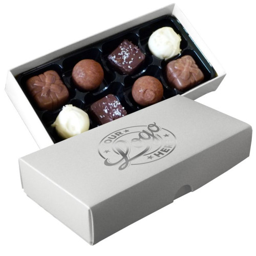 Promotional - 8 Chocolate Assortment Presented in a White Box Finished With a Single Bright Silver Colour Foil Print on Lid