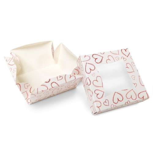 Small Patisserie Cake Box with Heart Design - Single Wall Base & Fold-Up Window Lid 100mm x 100mm x 60mm