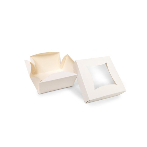 Small Plain White Patisserie Cake Box - Single Wall Base & Fold-Up Window Lid 100mm x 100mm x 60mm Self-assemble
