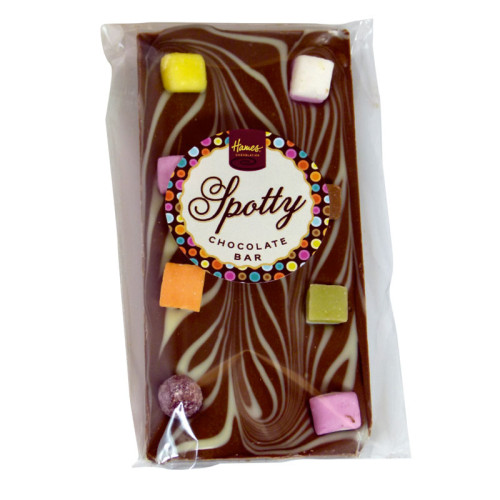 Hames - Luxury Spotty Bars Milk Chocolate Bar Decorated with White Chocolate & Dolly Mix 98g  x Outer of 14