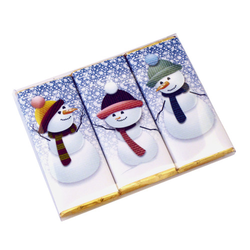 A Very Woolly Christmas - Trio Pack of Three 50g Christmas Themed Snowman Knitted Characters Milk Chocolate Bars Wrapped in Gold Foil