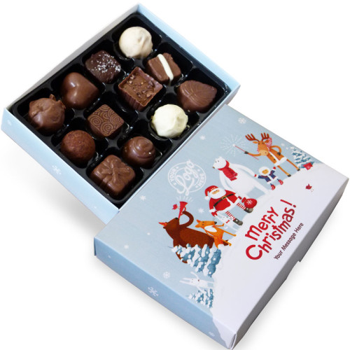 Promotional 12 Chocolate Assortment Presented in a Snowy Fun With Santa & Friends Merry Christmas Box