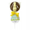 Promotional Branded Easter Lollies - Milk Chocolate Lollipop Decorated With A White Chocolate Rabbit Your Easter Design Swing Tag & "Your Logo" and Yellow Satin Twist Tie Bow