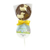 Promotional Easter Lollies - Milk Chocolate Lollipop Decorated With 2 White Chocolate Duck Your Easter Design Swing Tag & "Your Logo" and Yellow Satin Twist Tie Bow
