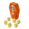 Halloween 6 White Chocolate Spooky Skulls Oozing with Red Caramel "Blood" Resting in an Orange Coffin Shaped Box