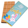 Personalised Milk Chocolate 80g Bar Wrapped in Gold Foil Finished with a Blue Themed Happy Easter Peeking White Rabbit Design Wrapper