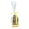 200g Milk Chocolate Egg with Matt Gold Plinth, Clear Bag with a Personalised Lemon Satin Hand Tied Ribbon
