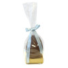 200g Milk Chocolate Egg with Matt Gold Plinth, Clear Bag with a Personalised Light Blue Satin Hand Tied Ribbon
