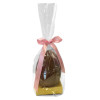 200g Milk Chocolate Egg with Matt Gold Plinth, Clear Bag with a Personalised Pink Satin Hand Tied Ribbon