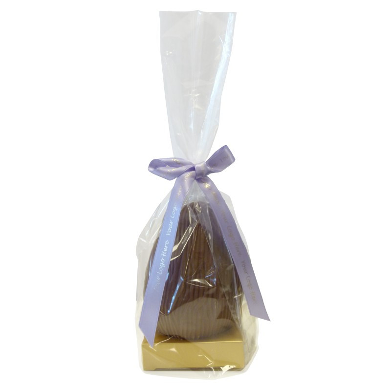 www. - 200g Milk Chocolate Egg with Matt Gold Plinth,  Clear Bag with a Personalised Lemon Satin Hand Tied Ribbon